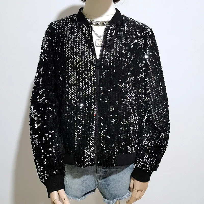 Women Black Sequin Bomber Jacket Loose Stand Collar Casual Velour Coat Zip Up Baseball Jacket-Dollar Bargains Online Shopping Australia