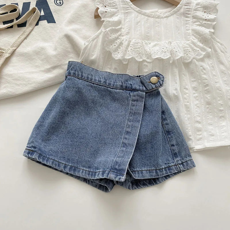 Summer Kids Girl Skirt Shorts Solid Elastic Waist Button Soft Denim Culotte Children Versatile Clothing-Dollar Bargains Online Shopping Australia