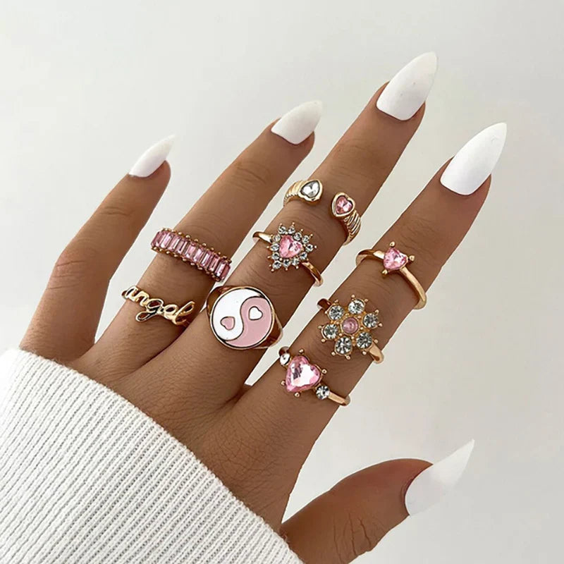 Pink Acrylic Butterfly Knuckle Ring Set For Women Crystal Enamel Mushroom Yin Yang Flower Rings Girls Fashion Jewelry-Dollar Bargains Online Shopping Australia