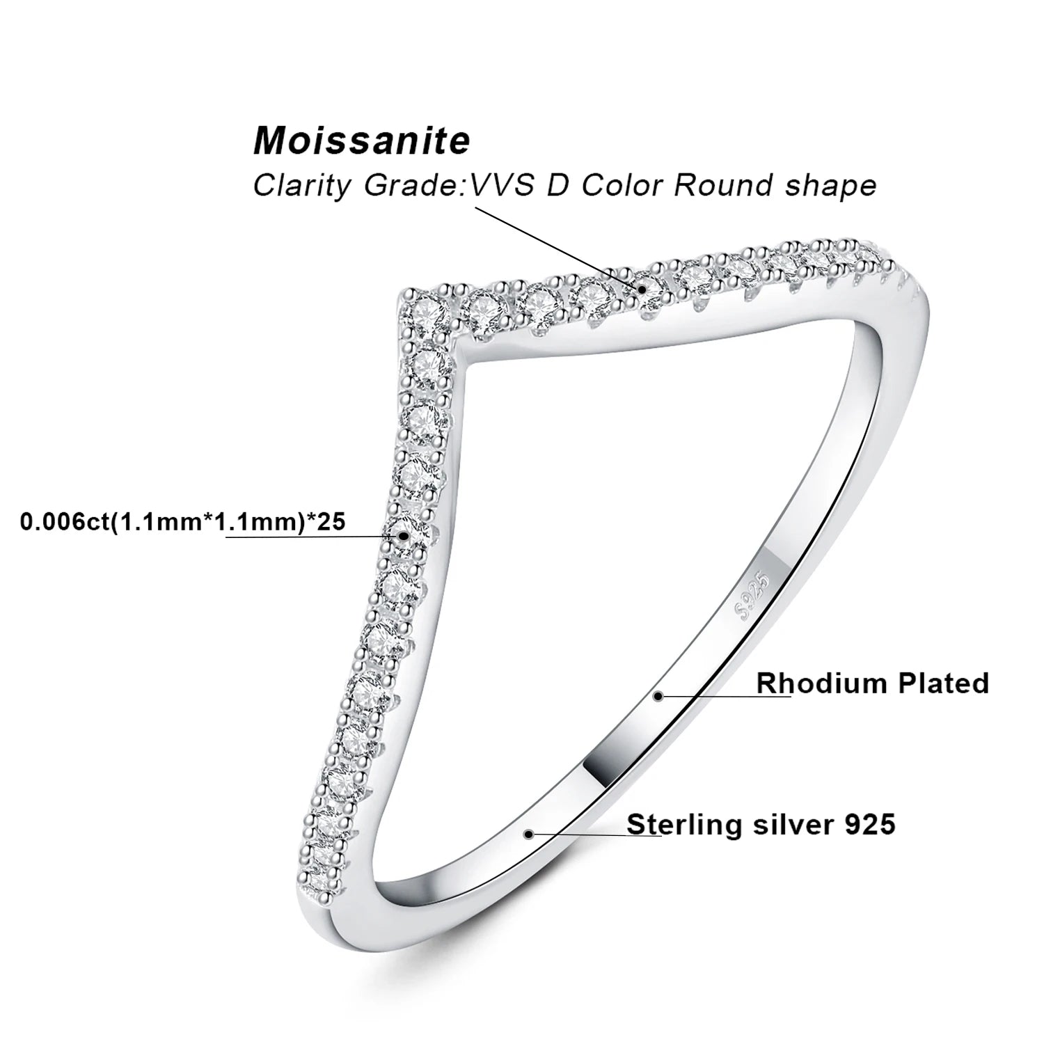 Moissanite D Color Round Cut 925 Sterling Silver V Shape Stackable Wedding Ring for Woman Yellow Rose Gold Plated