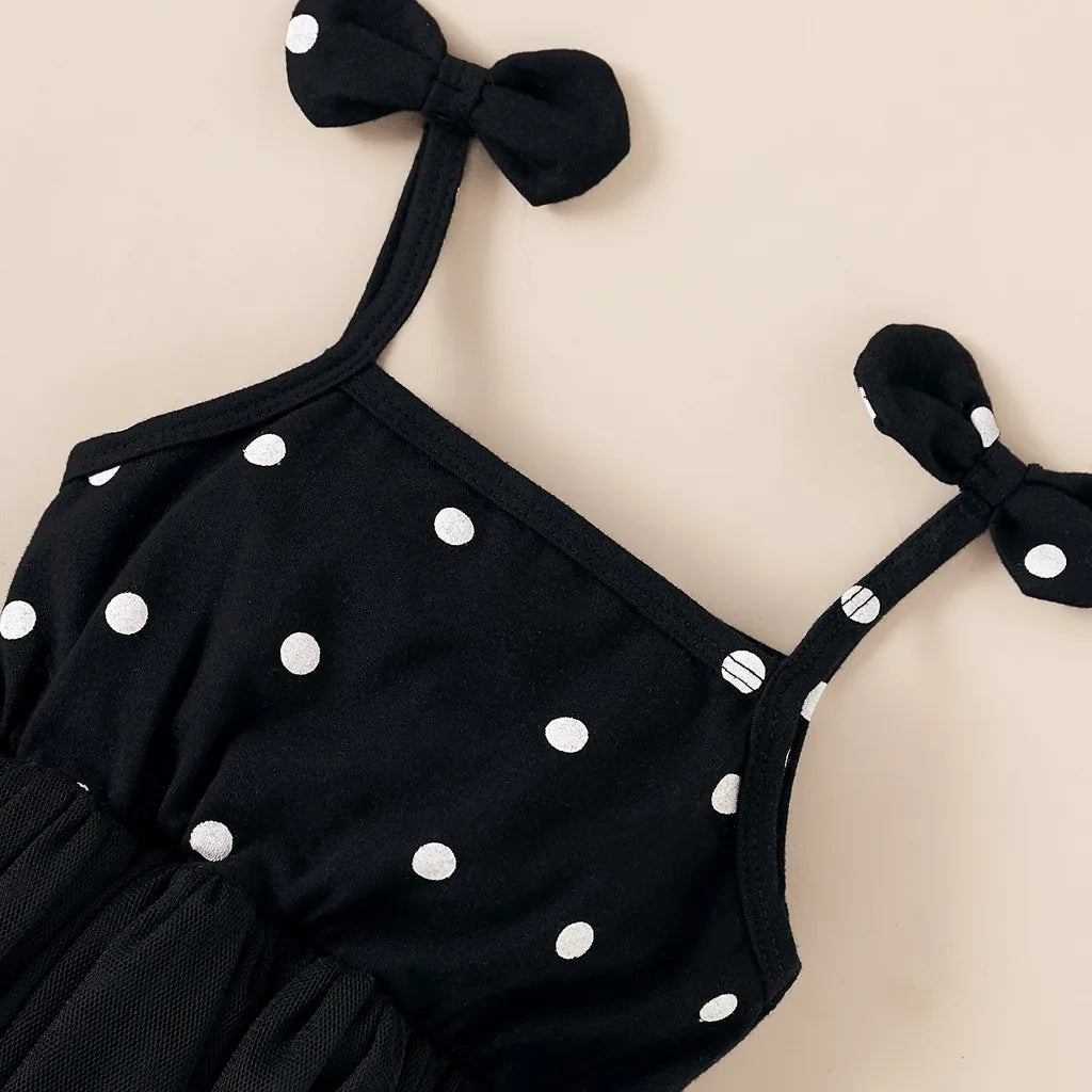 Toddler Baby Girl Summer Fashion Dress Solid White Dot Print Suspenders Dress Bowknot Shoulder Strap Yarn Skirt