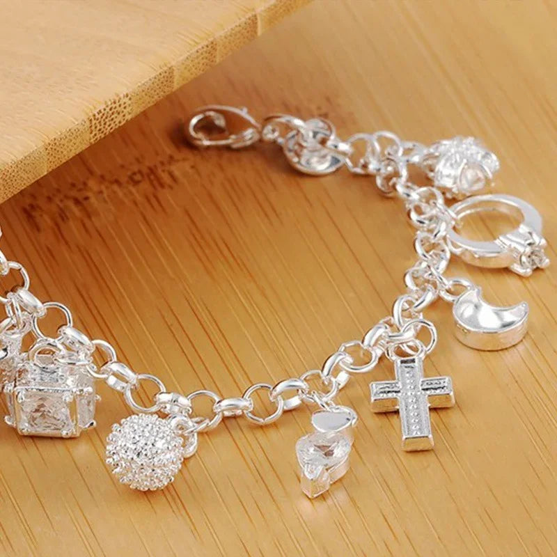 Sterling Silver Fashion 13pcs Pendant Chain Charm Bracelet for Women for Teen Girls Lady Gift Women Fine Jewelry