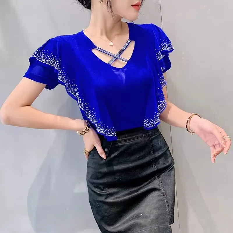 Women's T-Shirt Fashion Casual V-Neck Hollow Out Hot Diamonds Tees Female Ruffled Short Sleeved Mesh Tops-Dollar Bargains Online Shopping Australia
