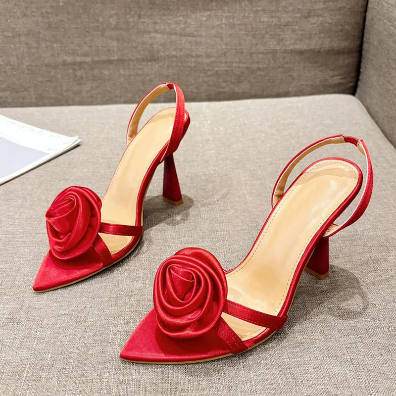 Silk Rose Flowers Pointed Open Toe Back Strap Sandals Women Red High Heels Wedding Prom Shoes-Dollar Bargains Online Shopping Australia