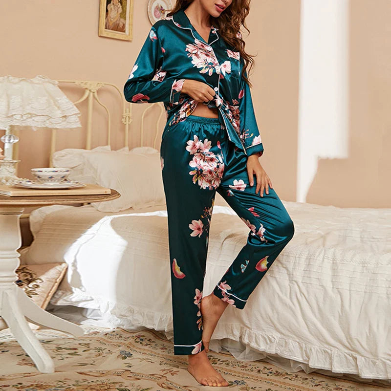 women Silk Satin pyjamas set Long sleeve Shirt with Trouser Sleepwear Loungewear Female Pyjamas Suits-Dollar Bargains Online Shopping Australia