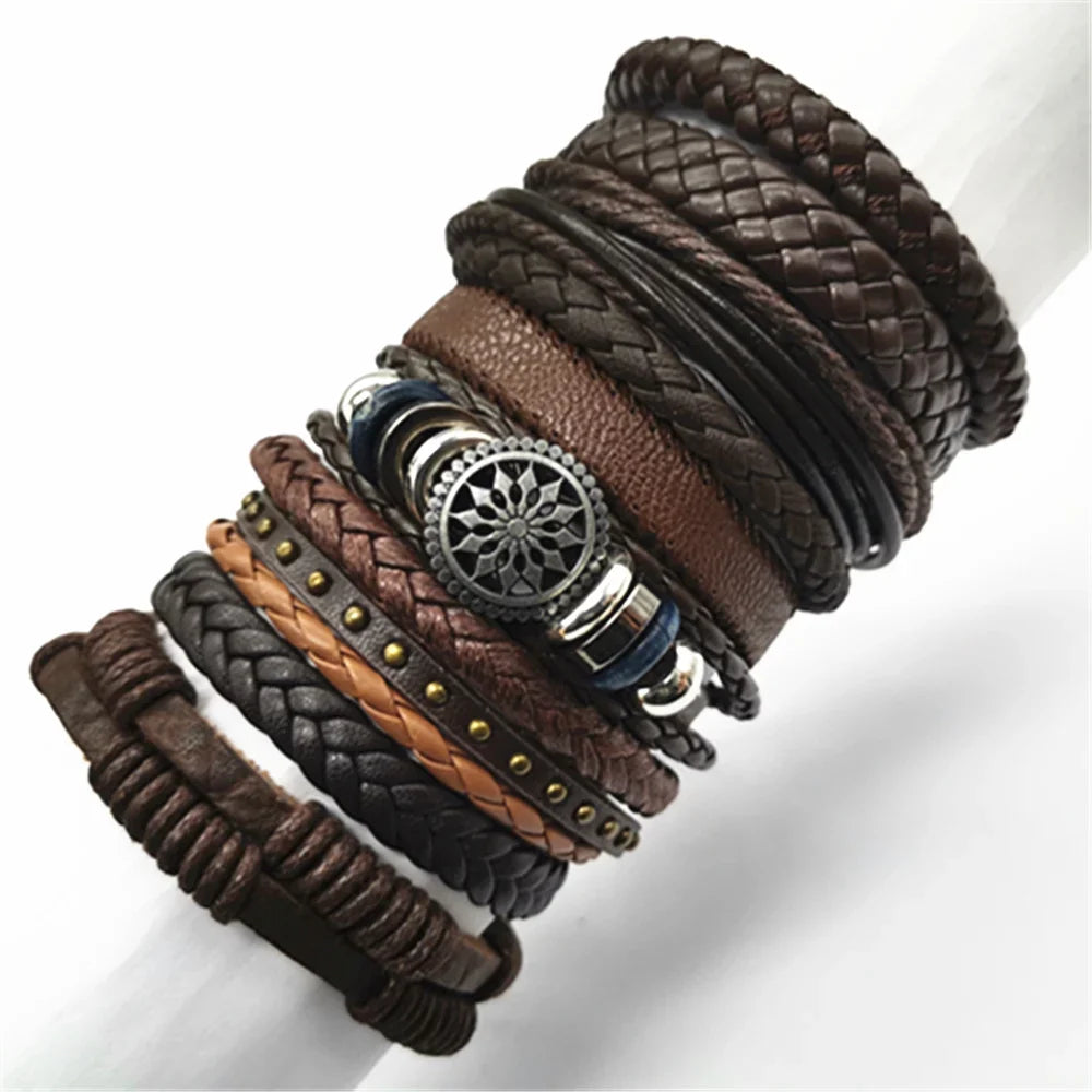 10 Pcs/set Black Wrap Woven New Fashion Handmade Men Bracelets Male Women Leather Bracelets Men Bangle