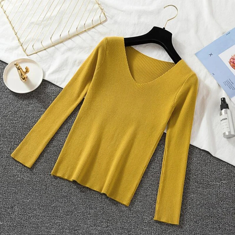 Women Sweater Long Sleeve Pullover Basic Top Fashion V-neck Elastic Female Winter Solid Knitted Jumper-Dollar Bargains Online Shopping Australia