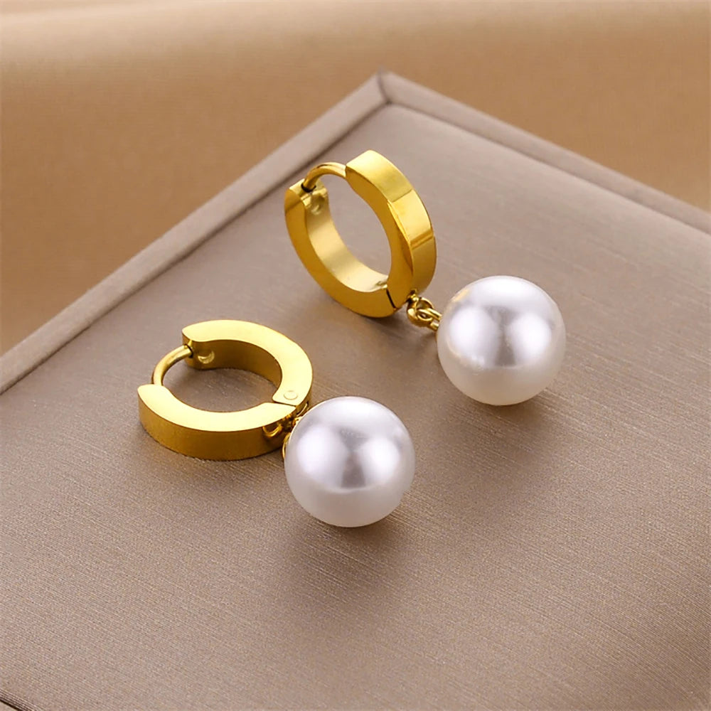 Stainless Steel Hoop Earrings For Women Gold Color Fashion Pearl Piercing Earring Luxury Jewelry