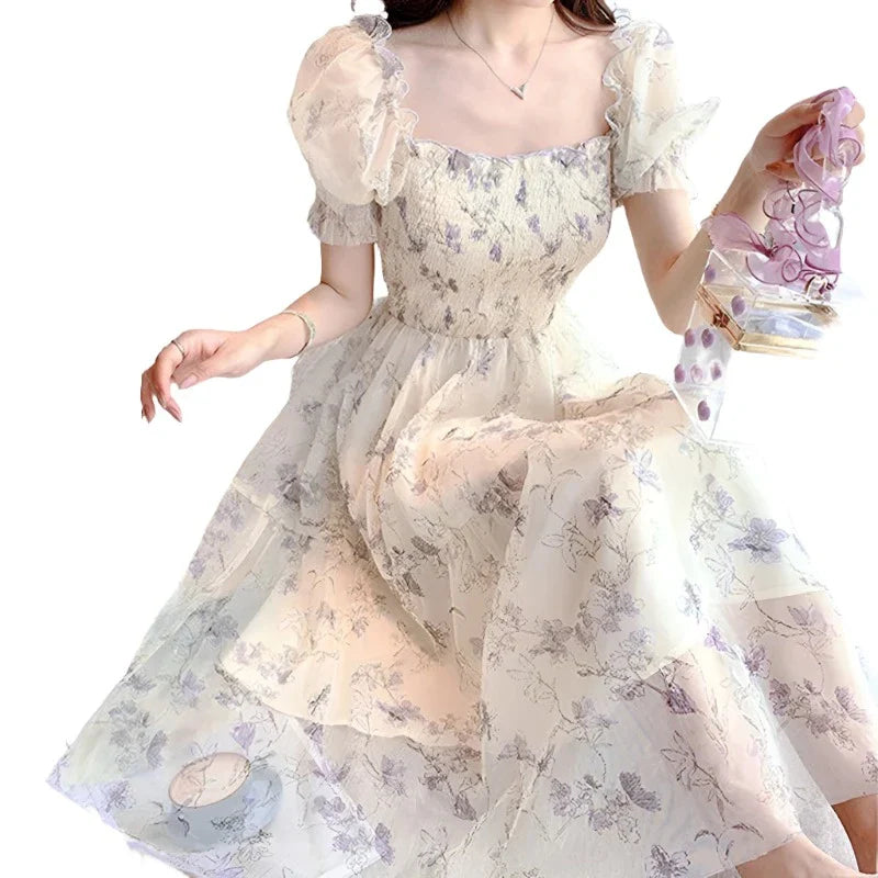 White Chiffon Long Dress Casual Floral Party Dress Elegant Short Sleeve Fairy Dresses Women-Dollar Bargains Online Shopping Australia