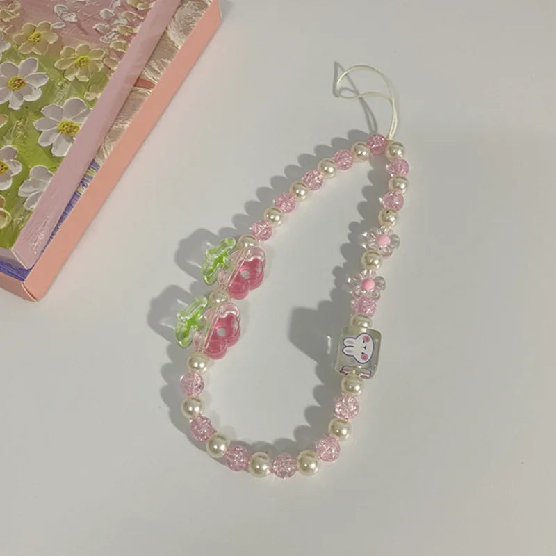 Simple Pink Bear Heart Strawberry Bowknot Flower Acrylic Imitation Pearl Beaded Phone Chain for Women Girls Sweet Accessories-Dollar Bargains Online Shopping Australia