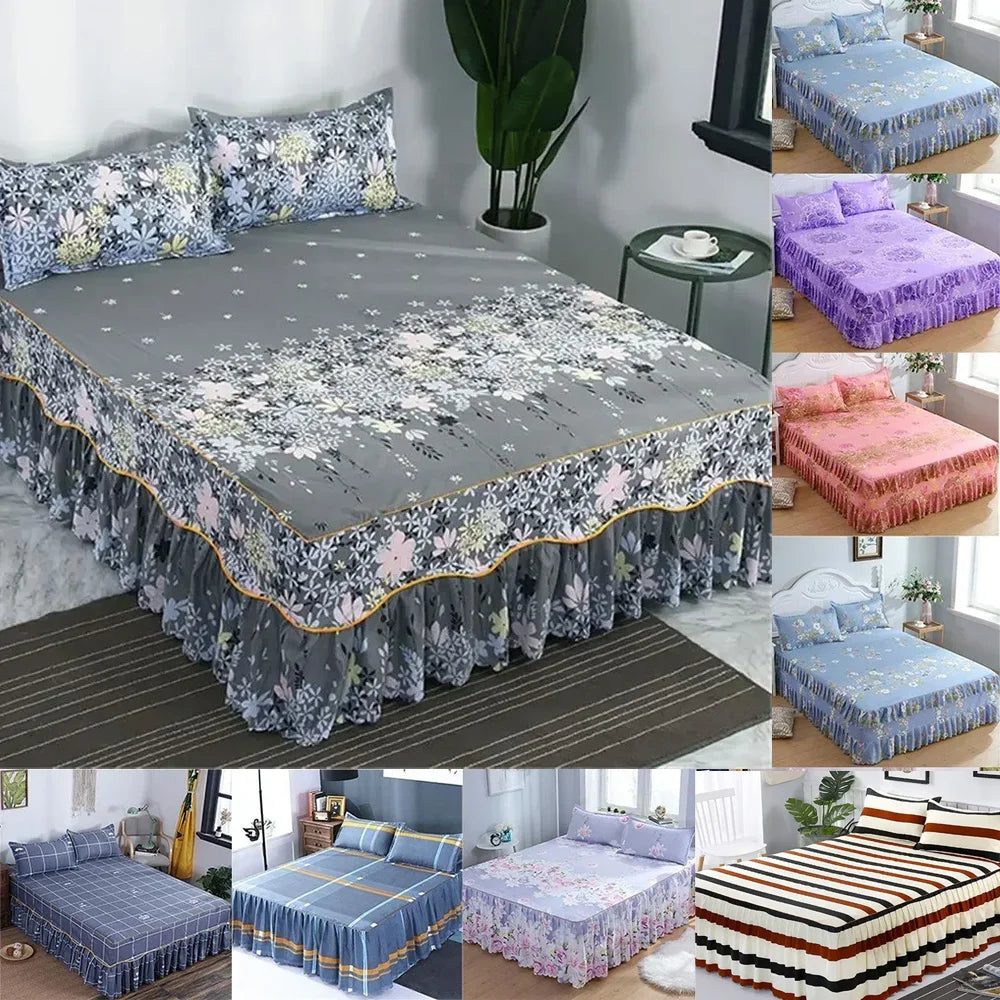 3PCS/Set Bed Sheet Set Flower Bedspread Non-Slip Bed Dress Sheet for King/Queen