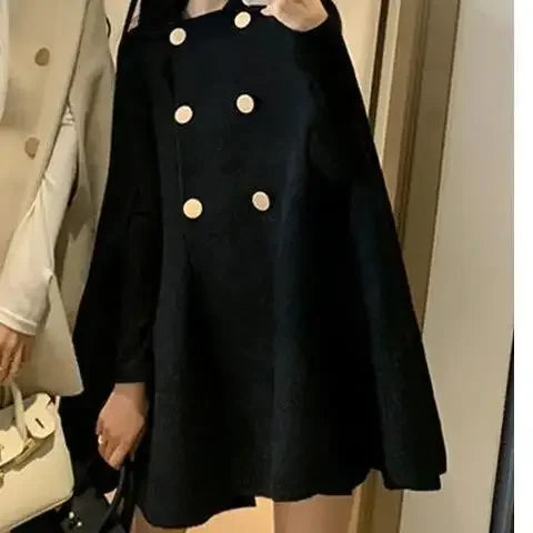 Fashion Woolen Poncho Coats for Women Autumn Winter Solid Cape Cloak Coat Loose Overcoat Female Double Breasted Lapel Jackets-Dollar Bargains Online Shopping Australia
