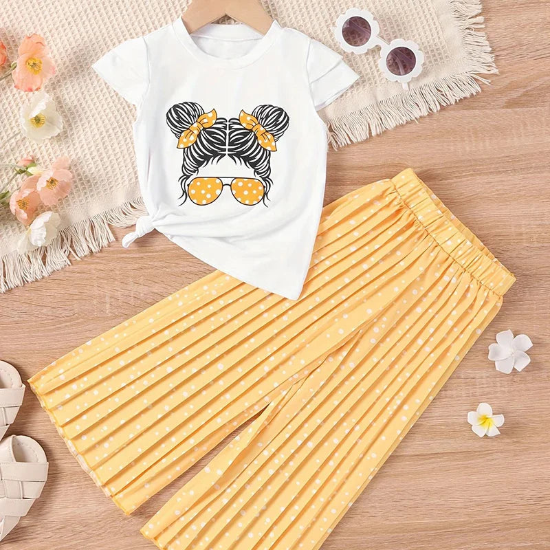 Girls Clothing Sets New Cotton Fashion Short Sleeved + Wide Leg Pants Casual Two Piece Set Kids Clothes-Dollar Bargains Online Shopping Australia