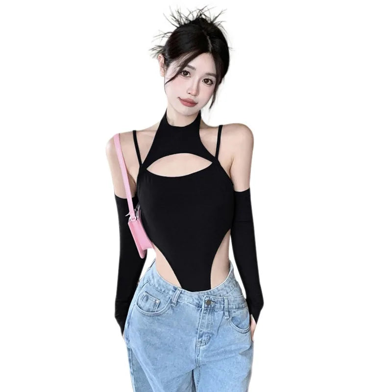 Hollow Out Women Bodysuits Top Long Sleeves Sexy Slim Shirt Body Tops Jumpsuit Y2k Lady Skinny O-neck Body Tops Romper-Dollar Bargains Online Shopping Australia