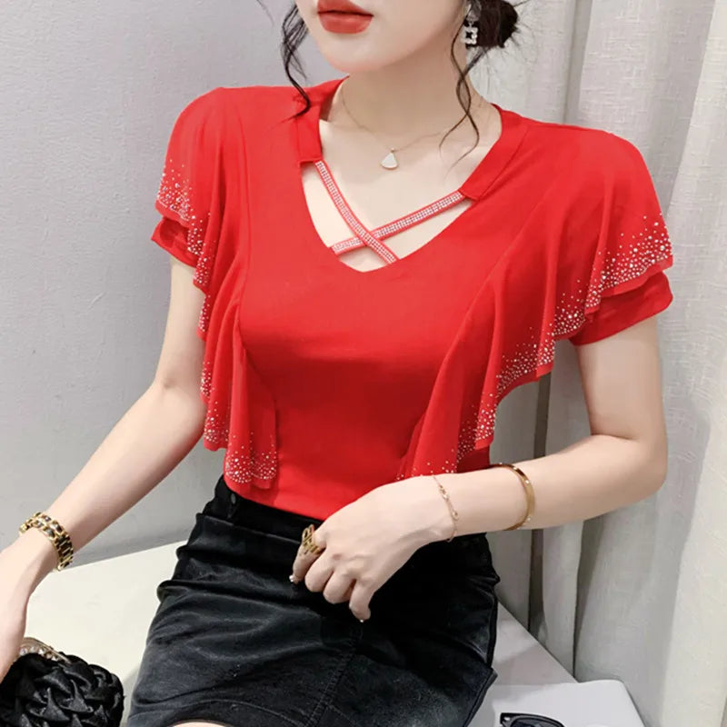 Women's T-Shirt Fashion Casual V-Neck Hollow Out Hot Diamonds Tees Female Ruffled Short Sleeved Mesh Tops-Dollar Bargains Online Shopping Australia
