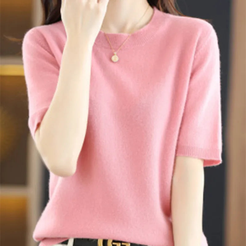 Spring and Summer New Short-sleeved Women O-neck Slim Wool Cotton Blend Pullover Vest T-shirt Knitted Base Sweater-Dollar Bargains Online Shopping Australia