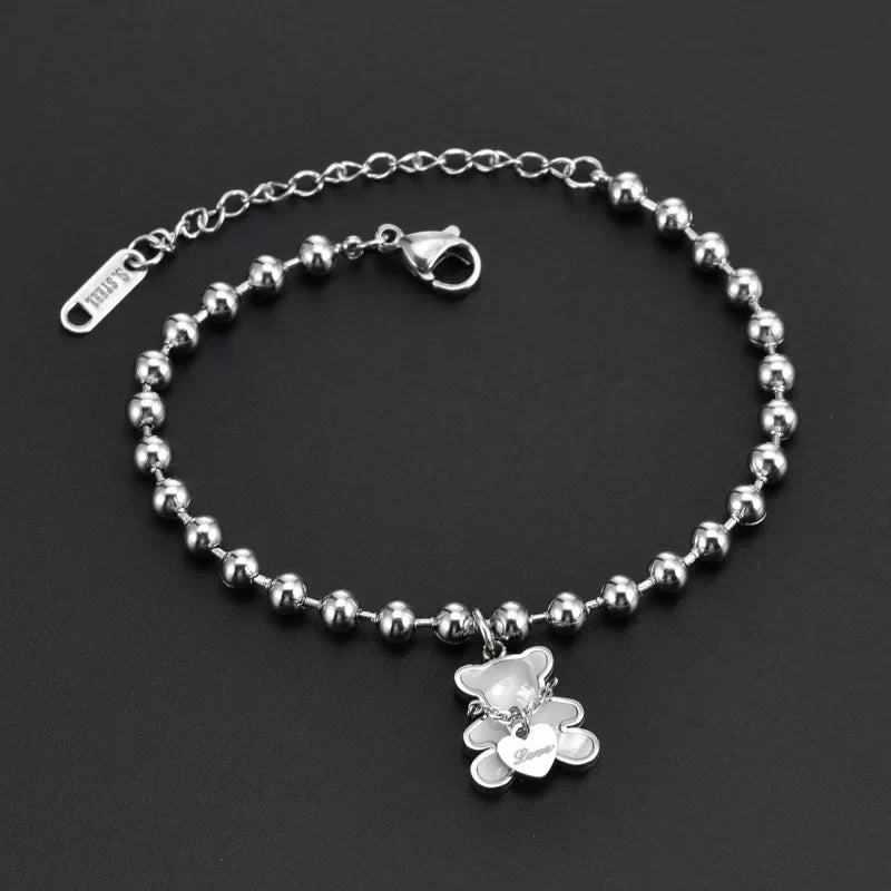 White Shell Cute Little Bear Peach Heart Stainless Steel Jewelry Set Necklace Earrings Bracelet or women-Dollar Bargains Online Shopping Australia