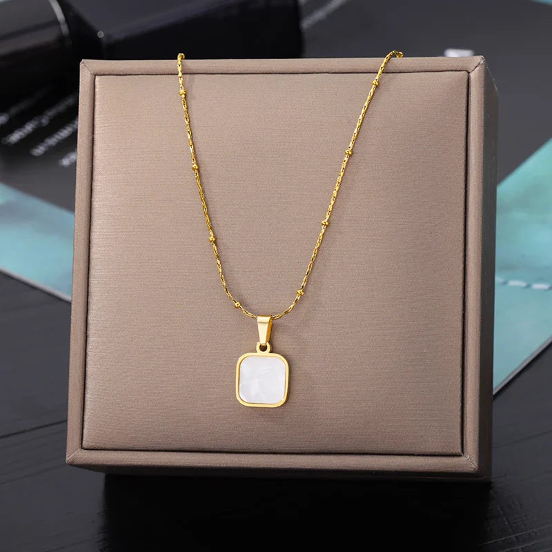 Vintage Rust Steel Zircon Necklace Flat Snake Bone Chain Blade Chain Square Emerald Pendant Necklace Women-Dollar Bargains Online Shopping Australia