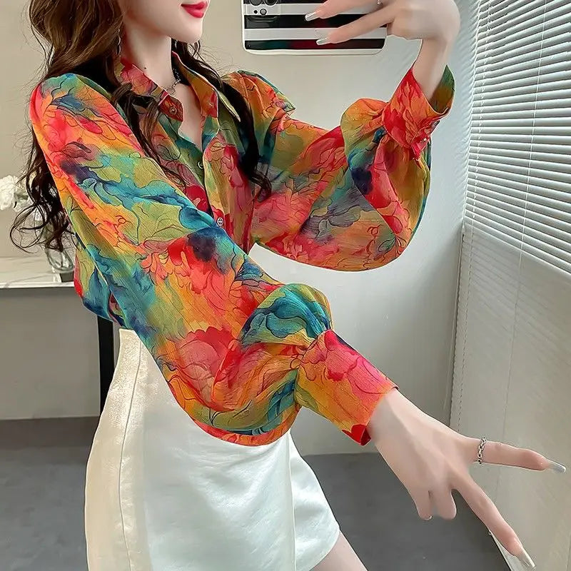 Women's Printed Button Polo-Neck Versatile Fashion Loose Appear Thin Commuter Lantern Sleeve Chiffon Shirt Top-Dollar Bargains Online Shopping Australia