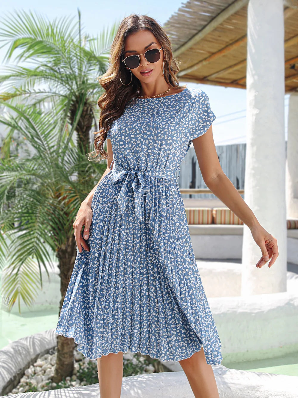 Fashion Floral Pleated A Line Long Dress Women Spring Summer Short Sleeve High Waist Chic Dress-Dollar Bargains Online Shopping Australia