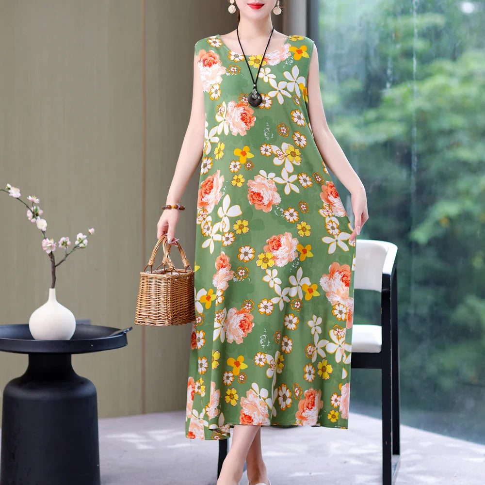 Vintage Summer Dress Vestido Print Natural Regular Sleeveless O-neck Cotton Dresses Women Clothing Plus Size-Dollar Bargains Online Shopping Australia