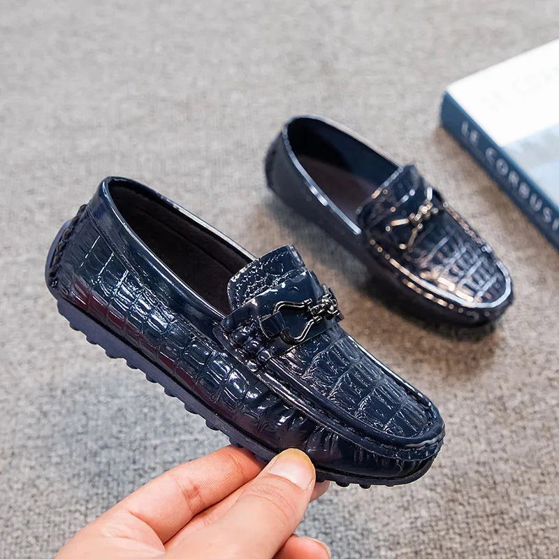 Glossy Leather Shoes for Party Wedding Shows Kids Fashion Solid Black Flat Non-slip Children Moccasin Shoes