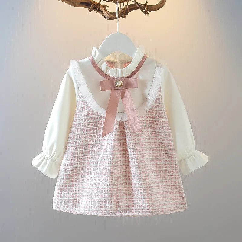 Girl Dresses Korean Fashion Cute Bow Mesh Plaid Long Sleeve Princess Kids Dress Baby Clothes Outfit-Dollar Bargains Online Shopping Australia