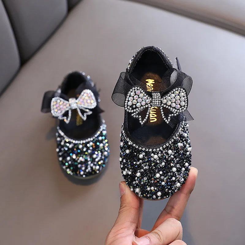 Children's Sequined Leather Shoes Girls Princess Rhinestone Bowknot Single Shoes Kids Wedding Shoes