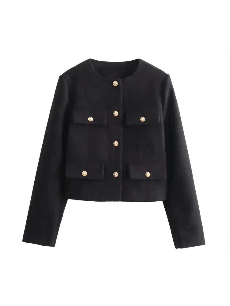Flap Pocket Crop Jacket Women Vintage O Neck Long Sleeve Versatile Female Blazer-Dollar Bargains Online Shopping Australia