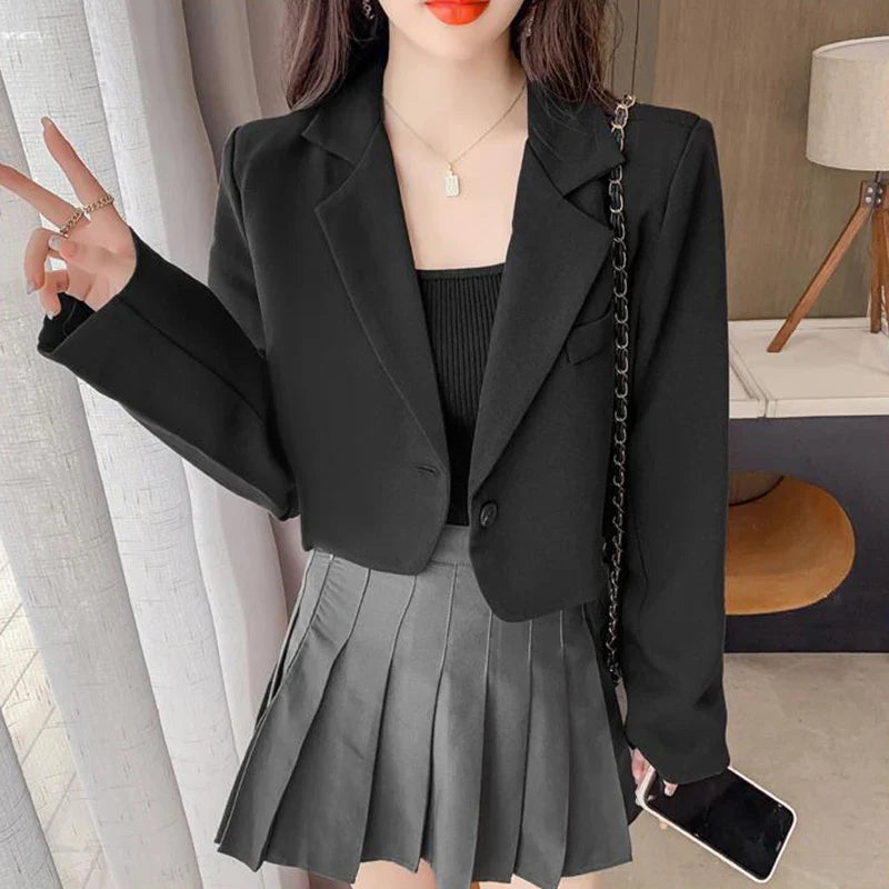 Cropped Blazers Women Solid Color Simple Single-button Outwear Teens All-match Long Sleeve Office Suit Jacket-Dollar Bargains Online Shopping Australia