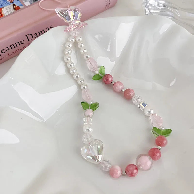 Simple Pink Bear Heart Strawberry Bowknot Flower Acrylic Imitation Pearl Beaded Phone Chain for Women Girls Sweet Accessories-Dollar Bargains Online Shopping Australia