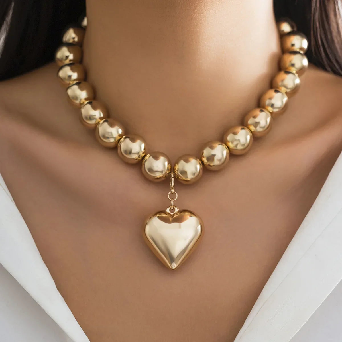 Ball Beaded Chain and Heart Pendant Necklace for Women Trendy Choker Collar on the Neck Fashion Jewelry-Dollar Bargains Online Shopping Australia