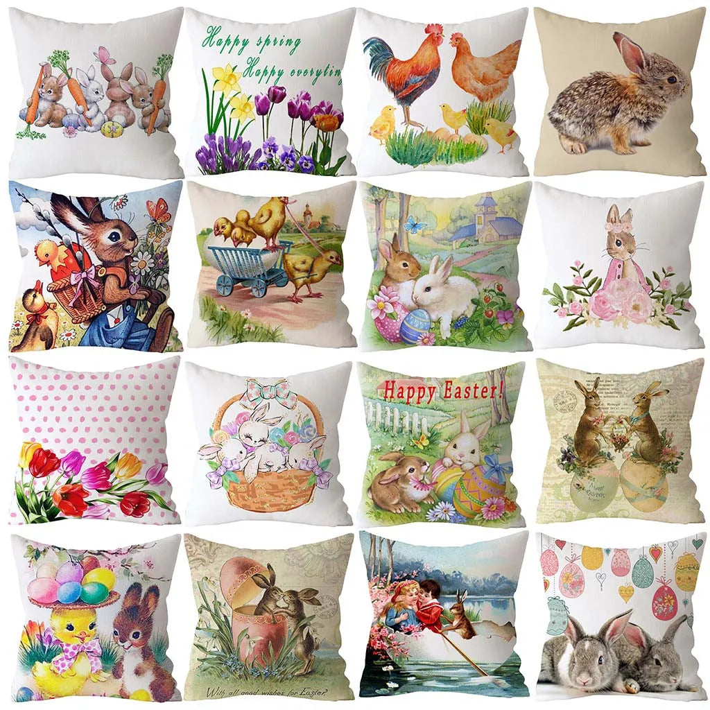 Spring Easter Home Decoration Cushion Cover Square Pillow Case Cartoon Rabbit  Egg Print