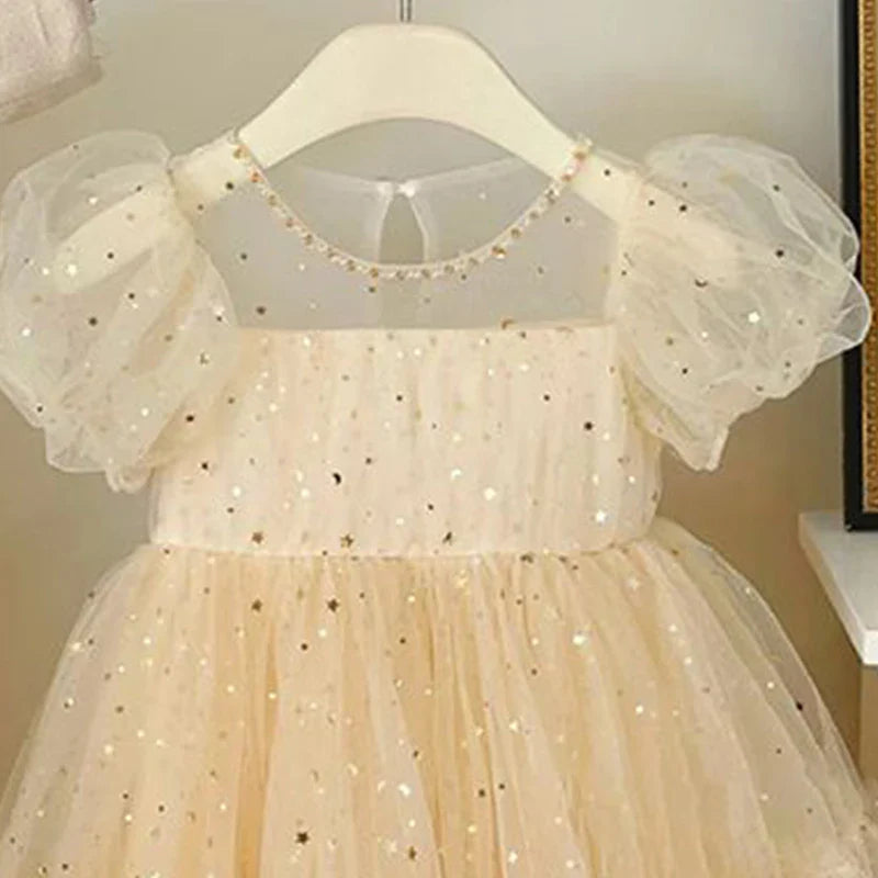 Girls' Elegant Dress Girl Baby Bubble Sleeve Mesh Sequin Dress Temperament Princess Party Short Sleeve Dress-Dollar Bargains Online Shopping Australia