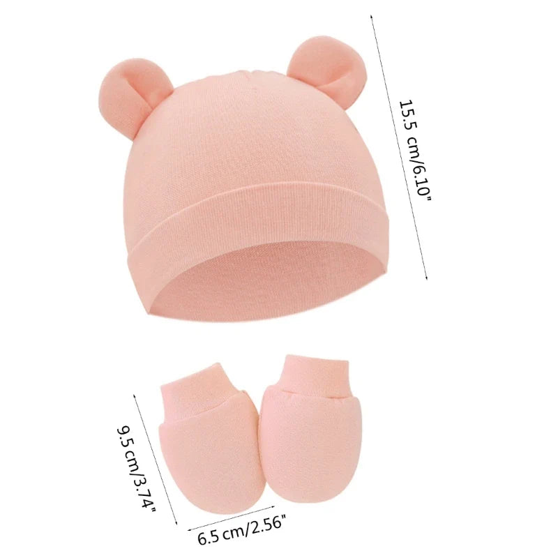 Newborn Cotton Hospital Hat Mittens Baby Beanie Solid Infant Baby Hats with Ear & No Scratch Mitten Soft Gloves Gift-Dollar Bargains Online Shopping Australia