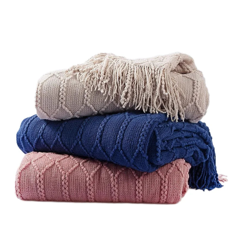 Acrylic Knit Woven Throw Blanket Lightweight Decorative Soft Nap Throw with Tassel for Chair Bed Sofa Travel Picnic Blankets