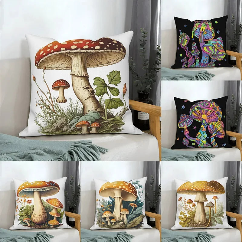 Mushroom Cushion Psychedelic Vintage Plant Floral Sofa Decorative Pillow Square  Cover Home Decor