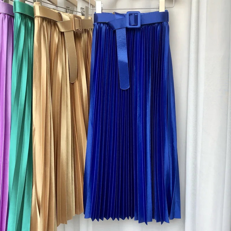 High Waist Elegant Stain Women's Pleated Skirts with Belted Solid Skirts Mi-long Umbrella Skirt Spring Summer