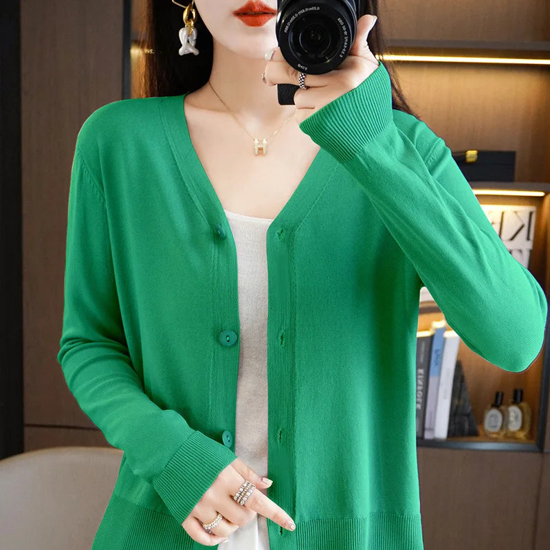Thin Solid V-Neck Ice Silk Knitted Long Sleeve Cardigan Fashion V-Neck Top for Women-Dollar Bargains Online Shopping Australia