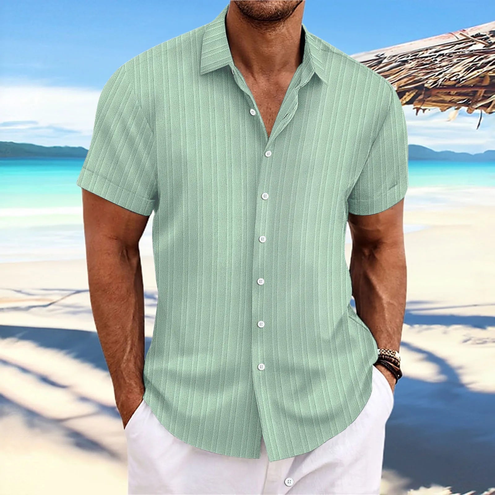 men's striped jacquard casual fashion comfortable loose short sleeve Hawaiian shirt-Dollar Bargains Online Shopping Australia