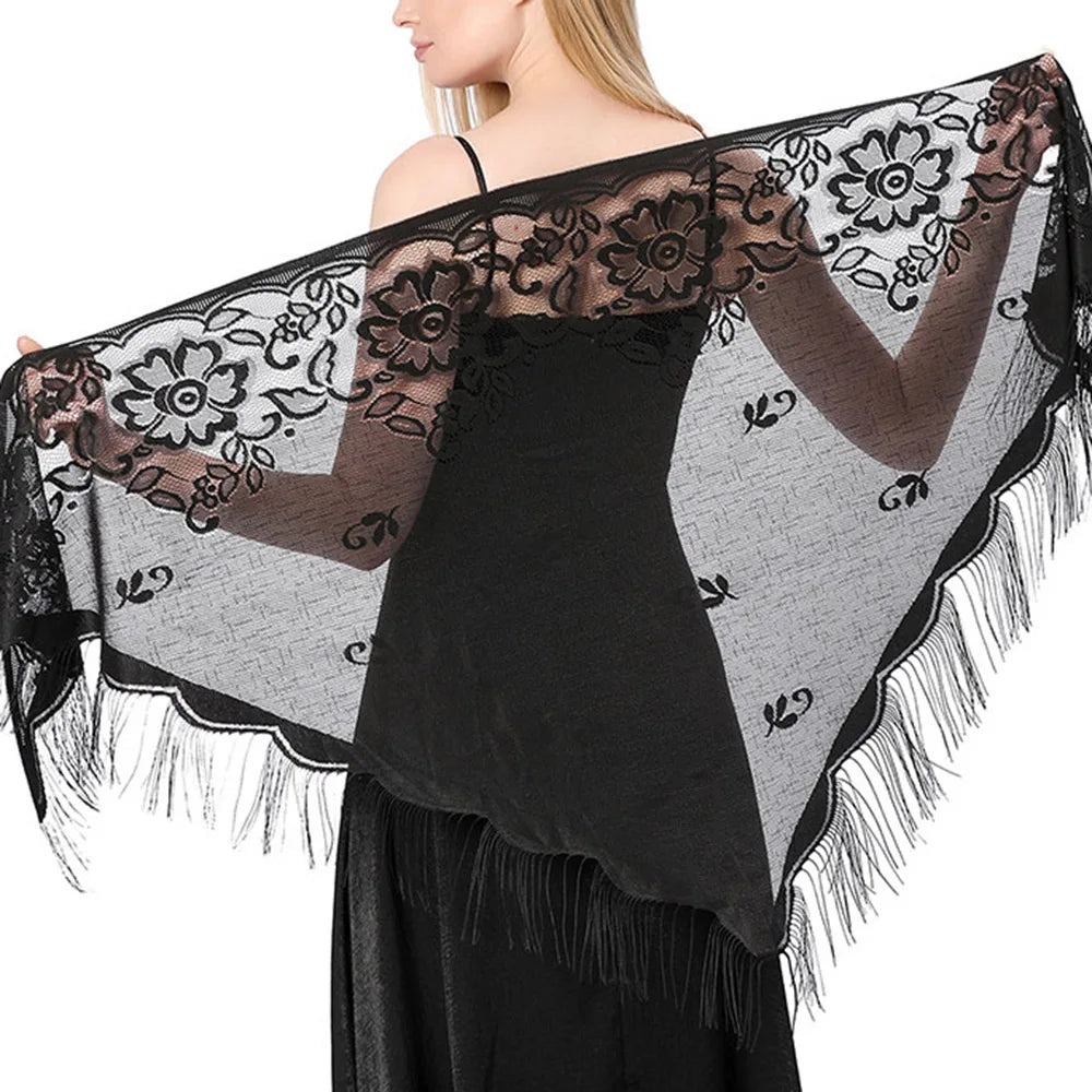 Women Lace Tassels Triangle Scarf Sheer Hollow Out Breathable Scarves Long Fringe Muslim Hijabs Solid Color Evening Dress Shawl