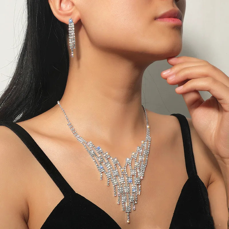 Geometric Rhinestone Necklace Earrings For Women Long Tassel Jewelry Sets Ladies Weddings Banquet Accessory-Dollar Bargains Online Shopping Australia