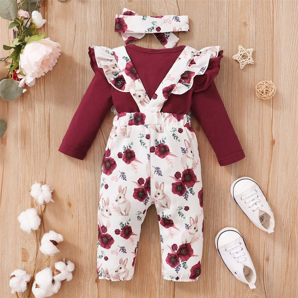 Baby Girl Clothes Set Red Color Long Sleevs Bodysuit + Flower Strap Pants 2PCS Infant Girl New Years Clothing Suit-Dollar Bargains Online Shopping Australia