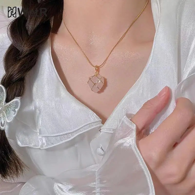 Fashion Opal Heart Necklace Crystal Castle Necklace For Women Girls Rose Quartz  Necklace Jewelry Accessories Gift