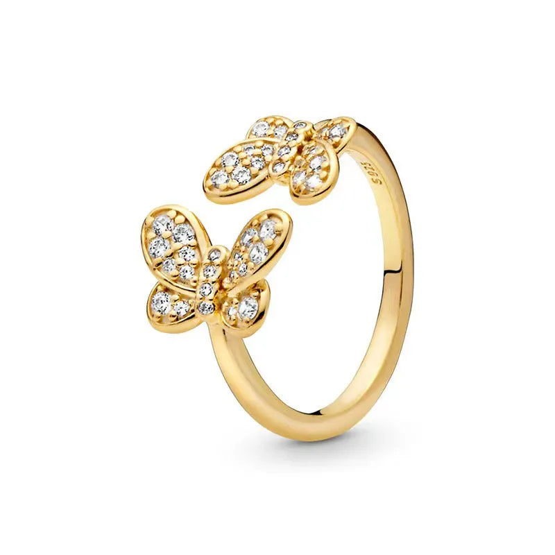 Gold Plated Silver Ring Zircon Sparkling Double Band Heart Finger Ring Women Ring Fine Jewelry