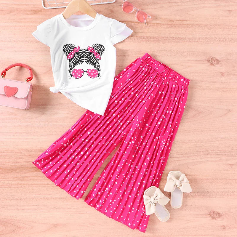 Girls Clothing Sets New Cotton Fashion Short Sleeved + Wide Leg Pants Casual Two Piece Set Kids Clothes-Dollar Bargains Online Shopping Australia