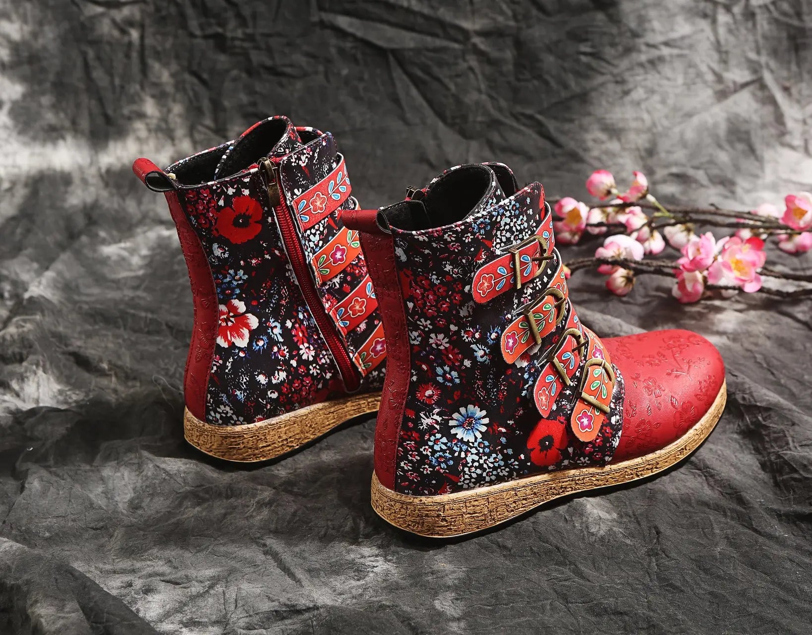 Women Boots Retro Printed Metal Buckle Soft Leather Zipper Ankle Boots Ladies Shoes Women