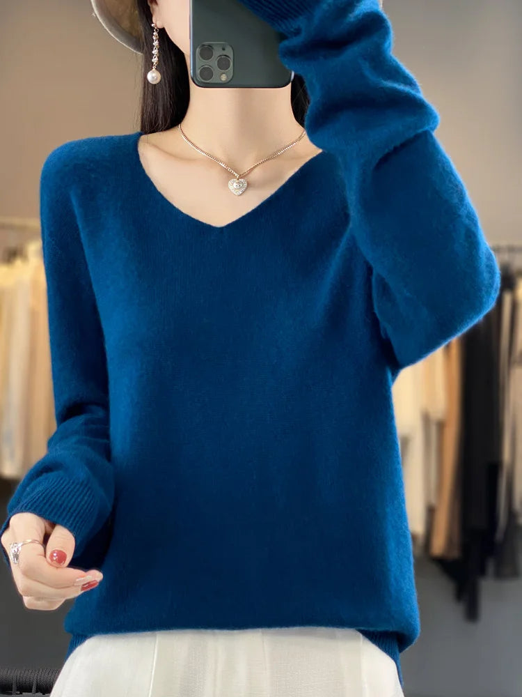 100% Merino Wool Women Sweater V-Neck Long Sleeve Basic Jumper Spring Autumn Winter Clothing Knitwear Tops