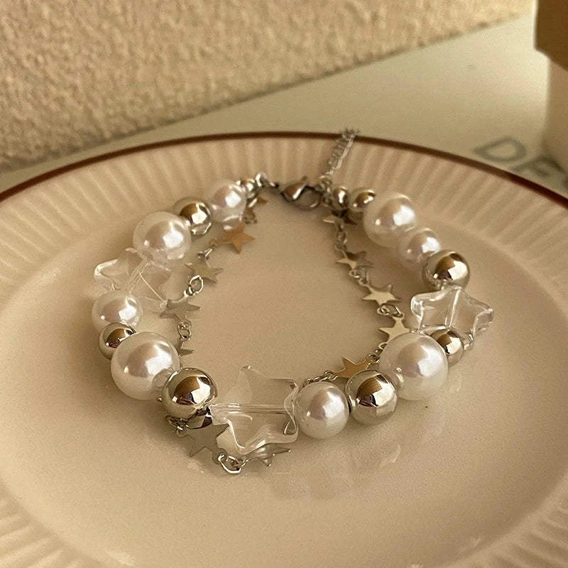 Crystal Star Pentagram Pearl Beaded Bracelet for Women Vintage Aesthetic Charm Double Layer Chain Bracelet Jewelry Gift
