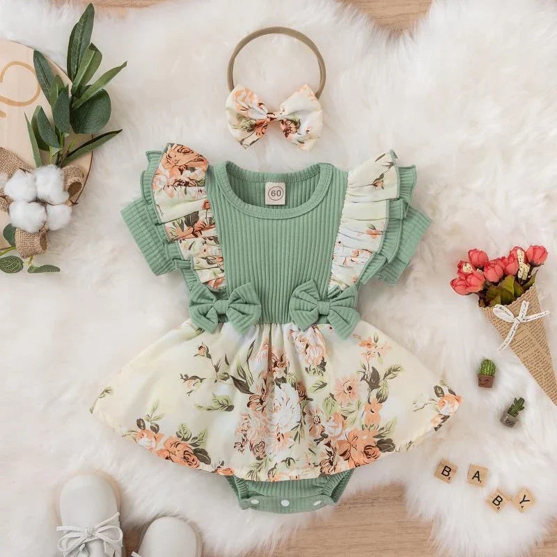 Summer Baby Girl Dress With Bowknot Striped Jumpsuit Cotton Dress For Newborn Floral Clothes Baby Crawling Clothes-Dollar Bargains Online Shopping Australia